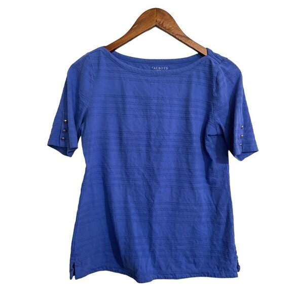 Talbots Women Blue Textured Stripe Button Accent Sleeve Cotton Blouse Medium P - Picture 1 of 6